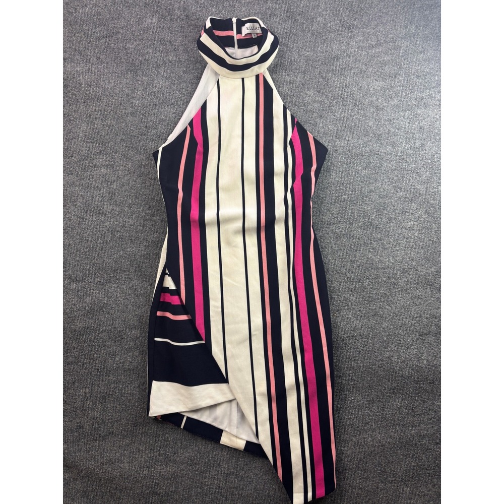 ELLIATT Halter Mini Dress Womens M Navy Pink White Striped Asymmetric Wrap Hem